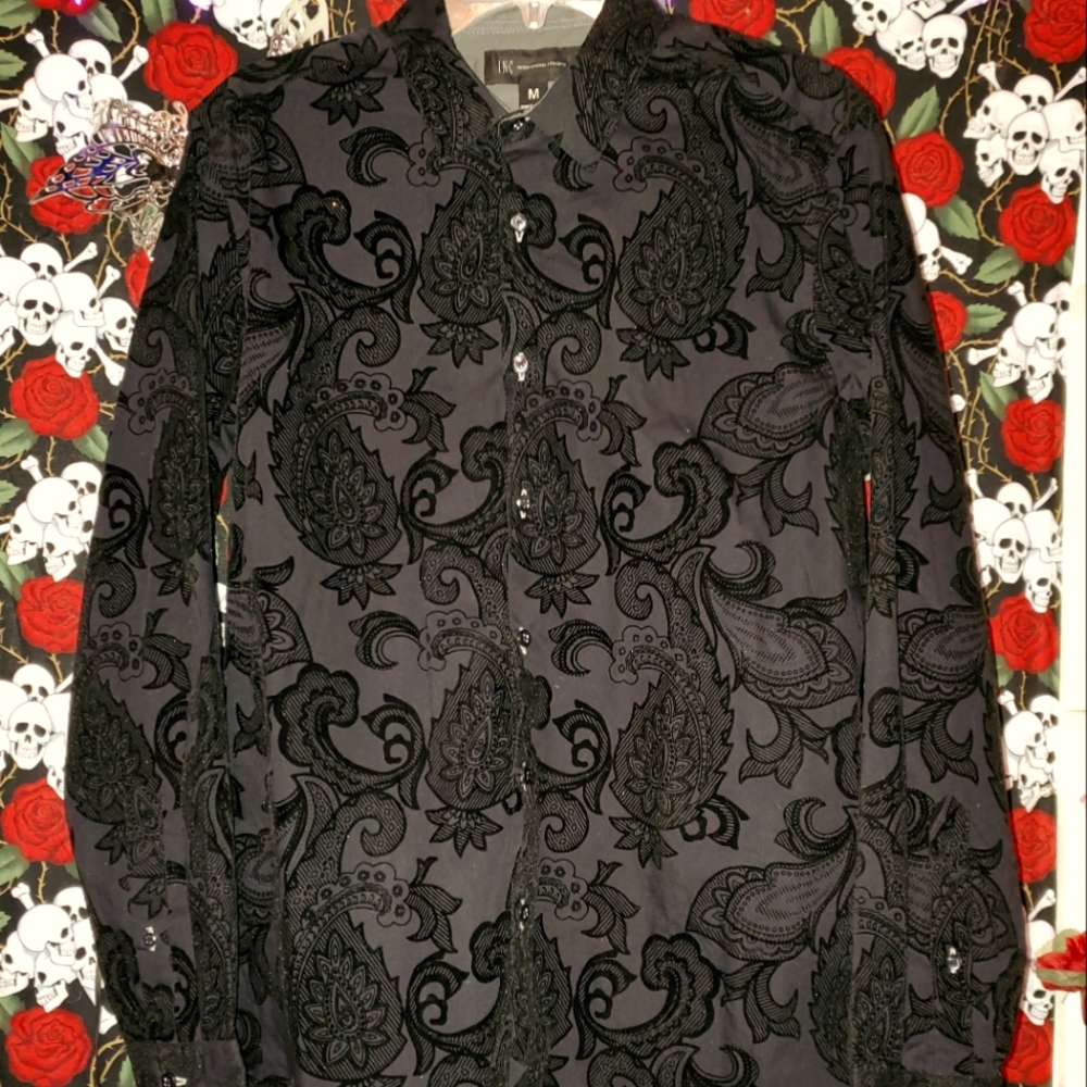 🖤Very 😎 Cool Mens Black Button Down Paisley Print Dress Shirt Sz M🖤